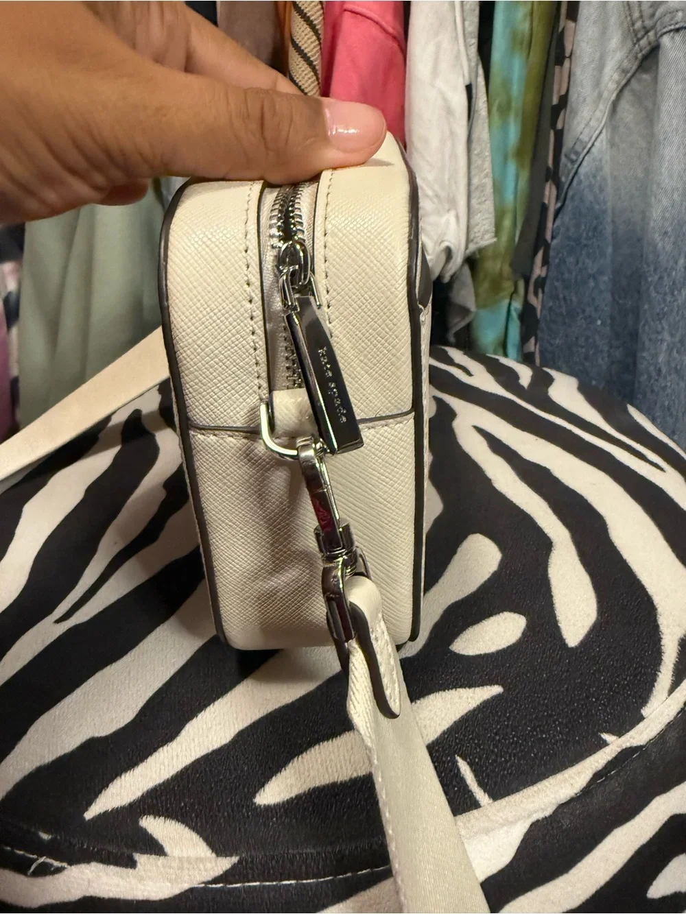 kate spade Cream Saffiano Leather Crossbody with Silver Glitter Trim